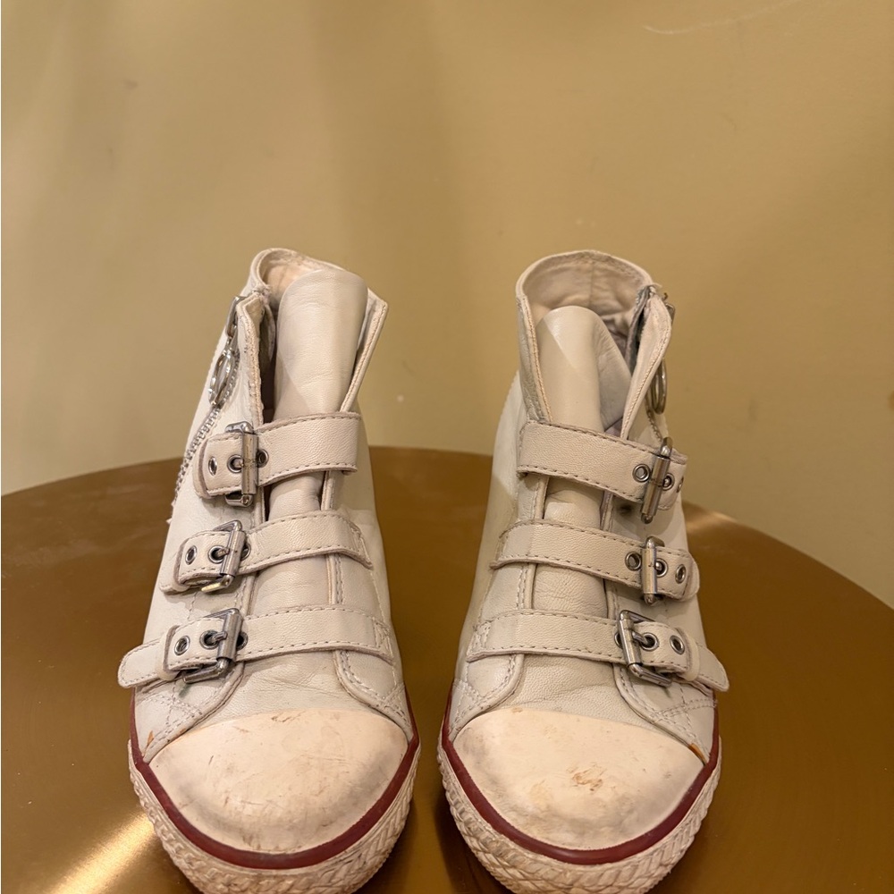 Ash White Leather Wedge Sneakers with Red Trim